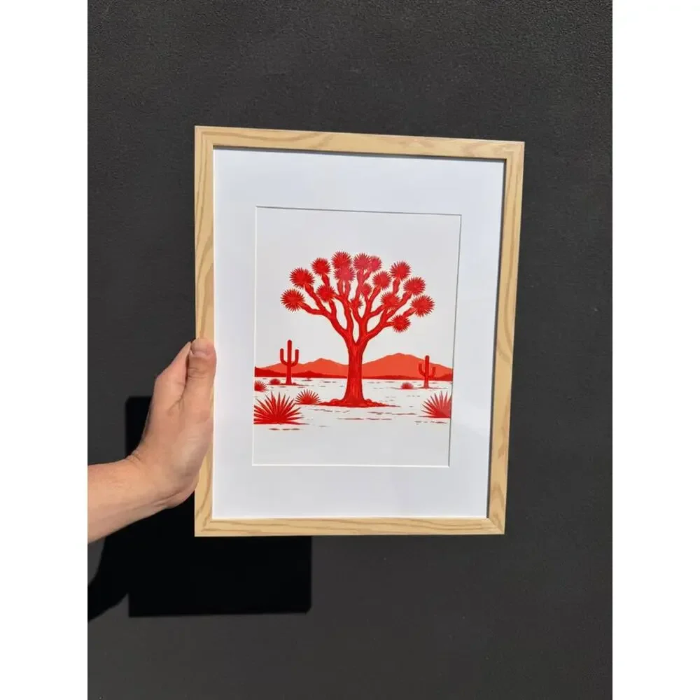 Framed Red Joshua Tree Desert Art Print — Natural Wood Frame